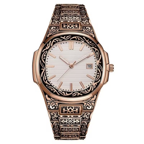 Cross-border foreign trade trendy square men's steel band watch retro embossed calendar quartz watch