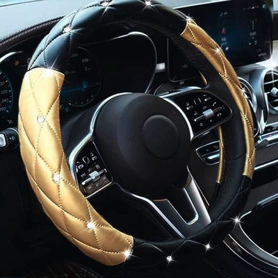 Soft Leather Non-Slip Steering Wheel — Steering wheel cover - black-gold-with-diamonds-38cm