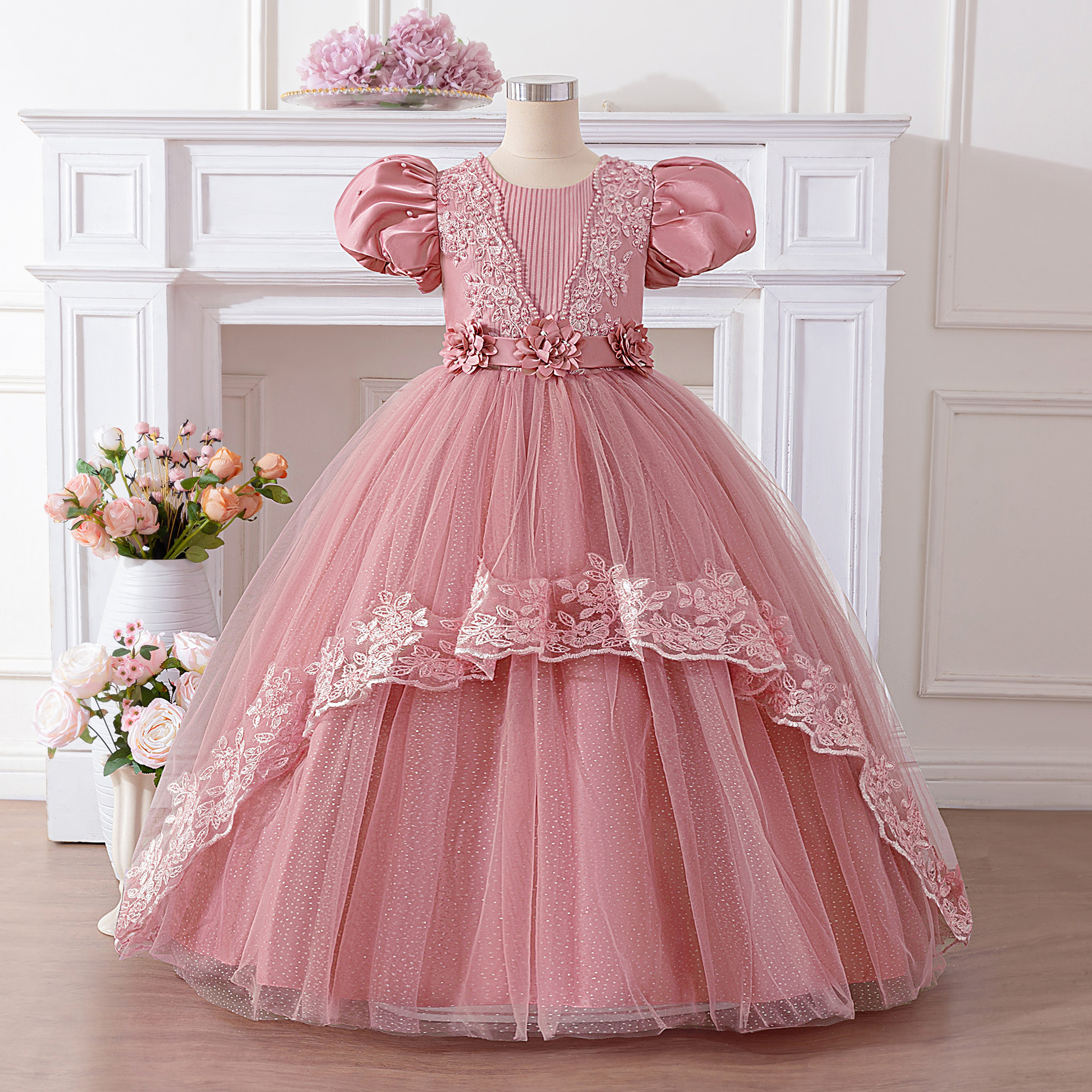 Vestido infantil transfronterizo con cuentas burbujas mangas vestido de princesa floral espectáculo de cumpleaños vestido de desfile vestido de niña
