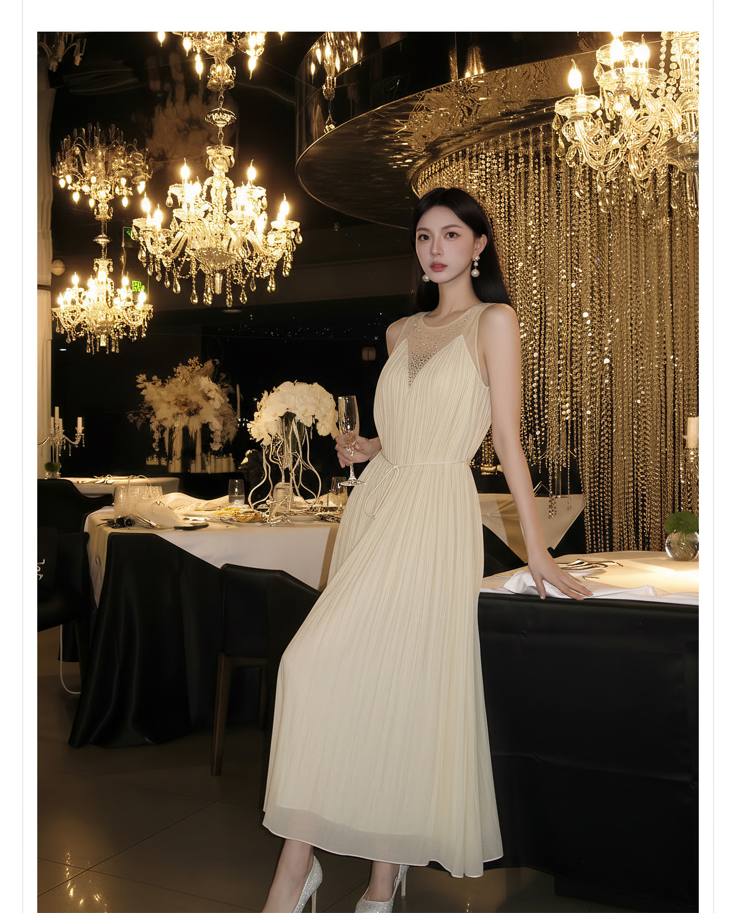 Đầm maxi nữ thắt eo không tay, cổ tròn, phối ren và vải lưới đính đá, tay áo xếp ly bồng — màu nâu, màu mơ chi tiết 5