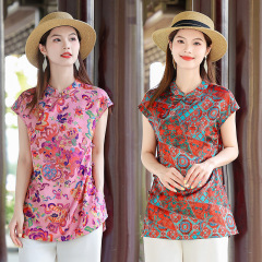 新しい中国風の母親の服、夏のファッション、中国風の改良されたチャイナドレス、中高年の女性の新しいTシャツトップス
