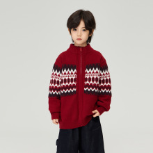 2025冬款儿童喜庆新年红圣诞针织衫男女中大童费尔岛提花加厚毛衣