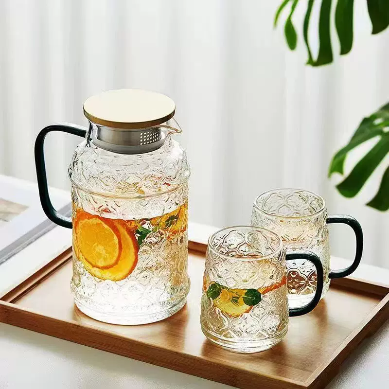供应高硼硅凉水壶家用果汁壶冷水壶套装海棠花凉水壶大容量泡茶壶