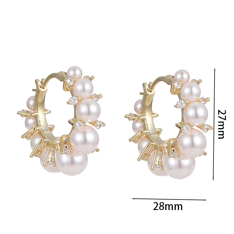 11g Weight Artificial Diamond, Pearl Inlay Material Hoop Earrings Classification 1 Pair Quantity Fashion Round Copper Inlay Artificial Diamond Pearl Hoop Earrings 1 Pair
