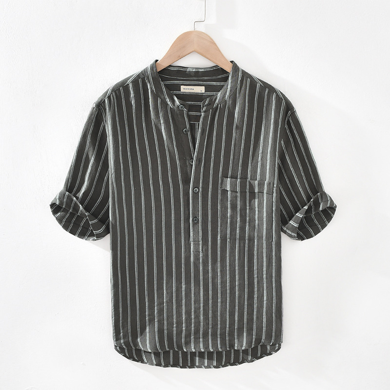 Camisa de manga corta japonesa a rayas de los hombres de moda de verano flojo Delgado collar de pie camisa camiseta de moda pulgadas ropa de los hombres