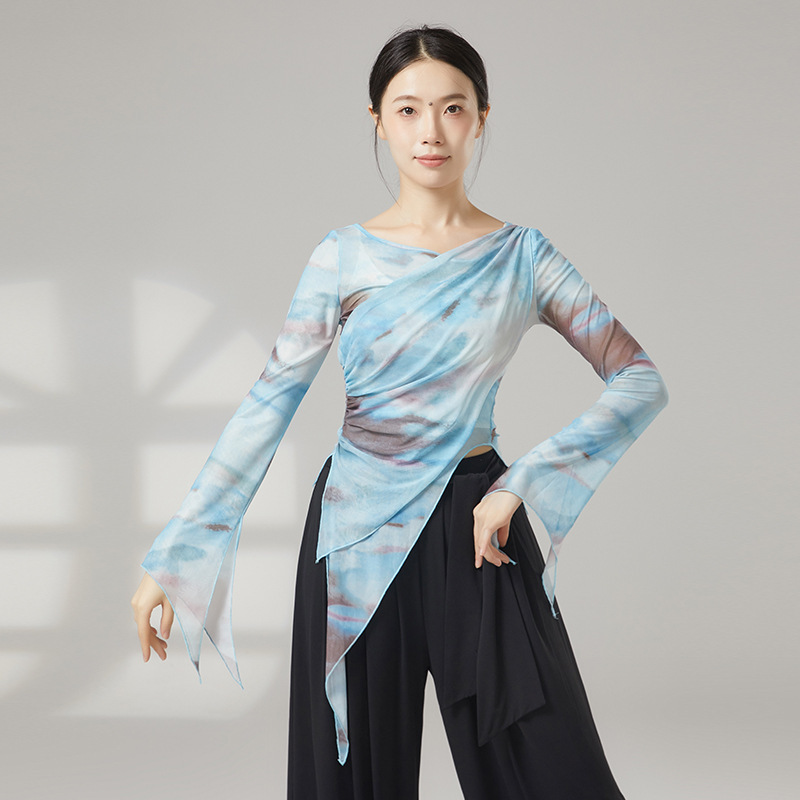 クラシックダンスボディトレーニング服、エレガントなガーゼ服、女性のグラデーションカラーのブルーミングボディダンス服、エスニックパフォーマンス服|undefined