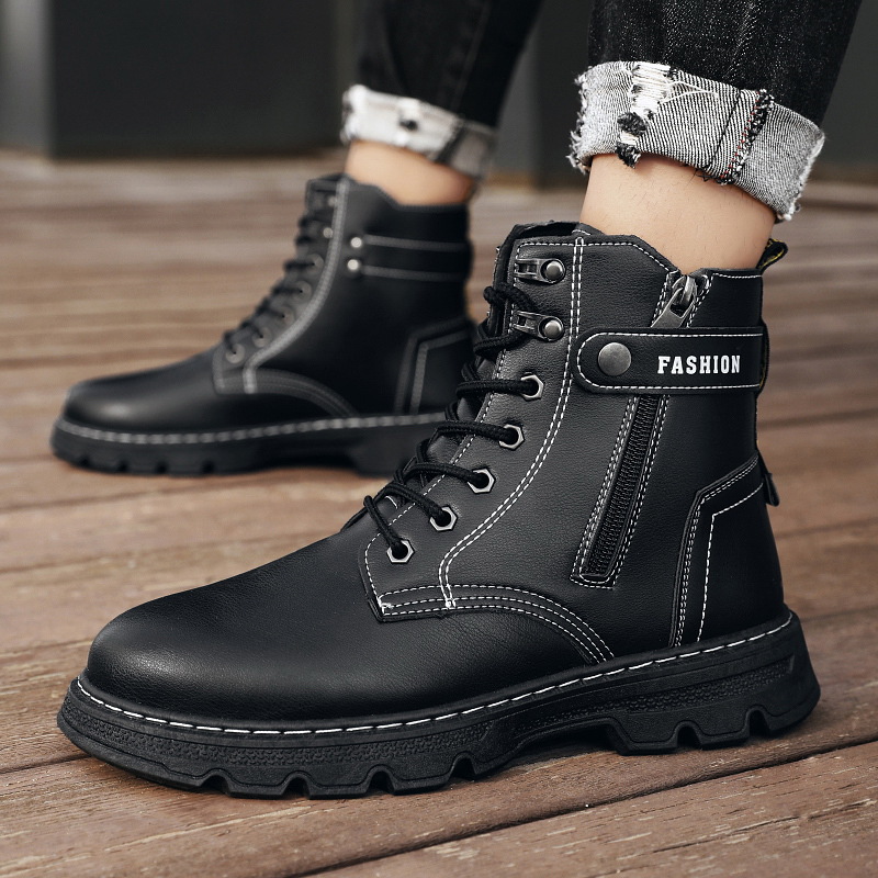 Autumn and Winter High-top Lace-up Martin Boots Teenager Outdoor Fashion Casual Men's Boots Side Zipper Trendy Mid-barrel Leather Boots