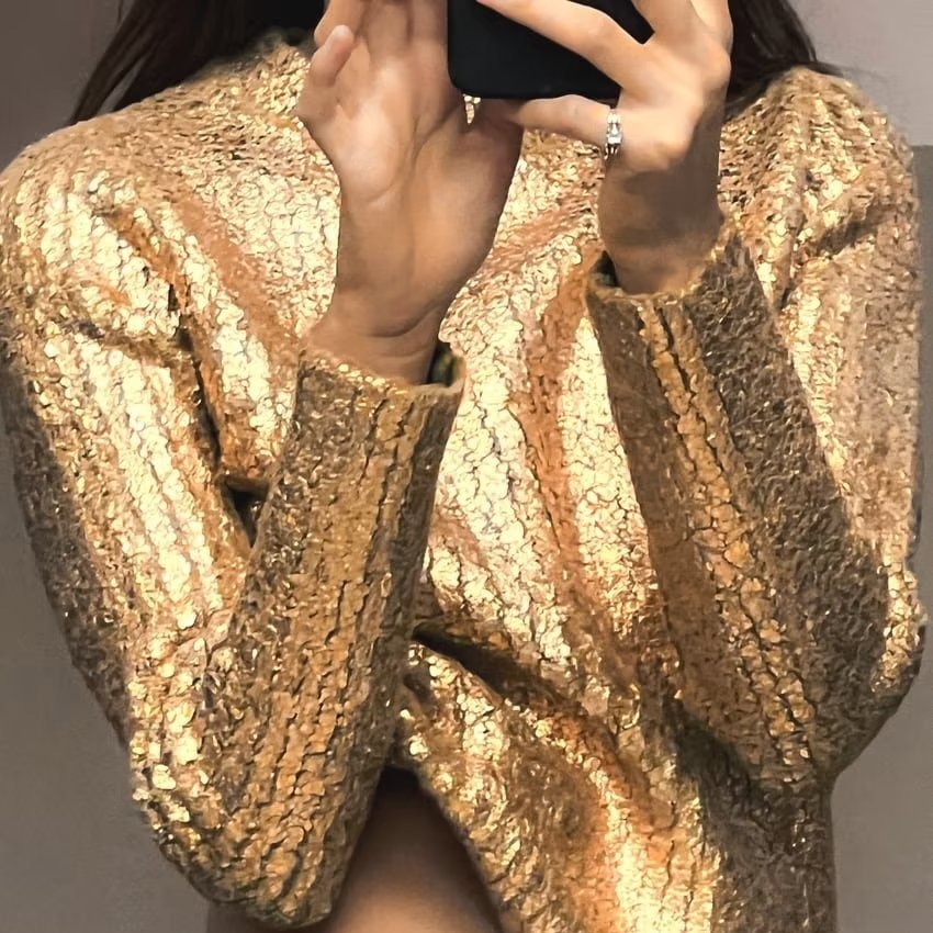 Maglione lavorato a maglia a maniche lunghe con scollo rotondo in metallo della serie Wind da donna autunno e inverno_voghion.com