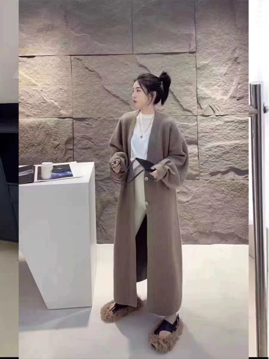 Демисезонное trench coat, длинная вязаная куртка, стиль высокого качества, V-образный вырез