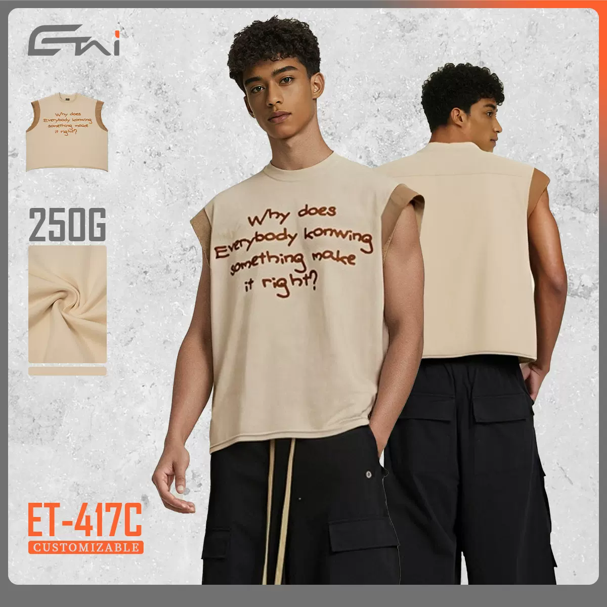 ETAI男装|撞色坎肩标语纯棉短袖男T恤街头潮牌宽松圆领卷边背心男