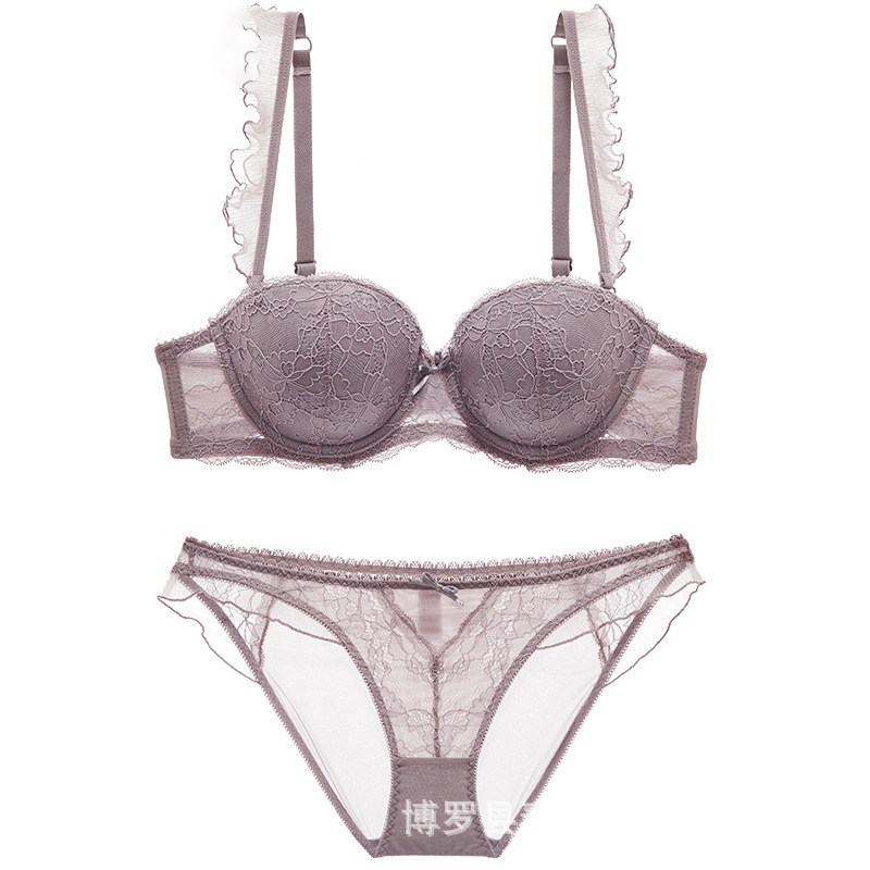 Fabricante de encaje europeo y americano sexy sujetador traje de las mujeres transpirable cómodo anillo de acero push up ropa interior pequeño pecho grande sujetador