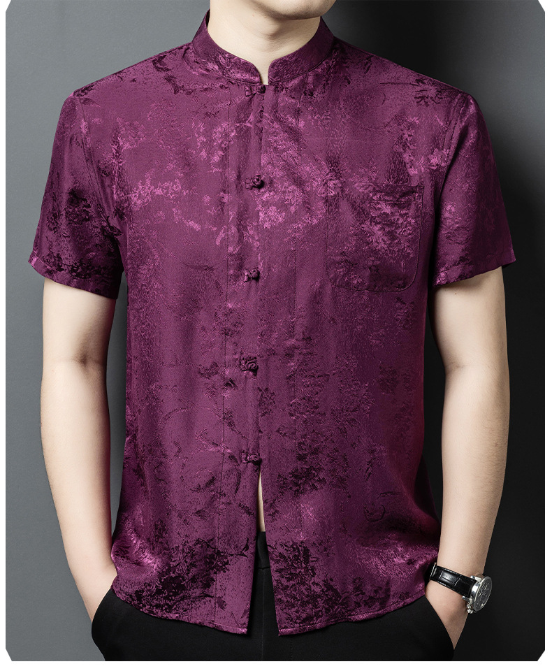 Áo sơ mi nam cổ đứng tay ngắn chất lụa tơ tằm jacquard phong cách Trung Hoa — Màu xám 25169 chi tiết 13