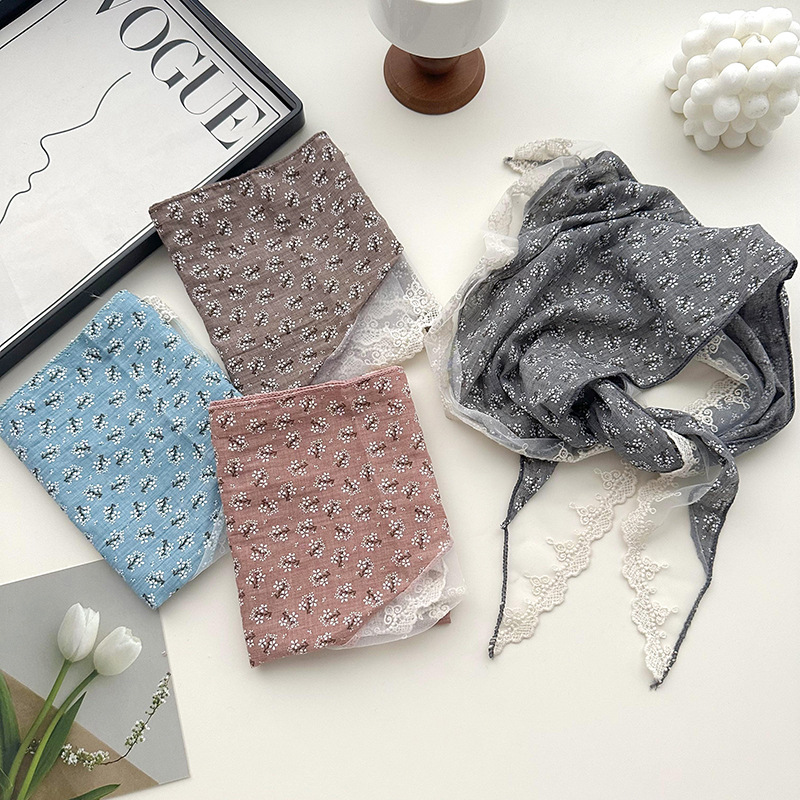 Flor francesa idílica dulce pañuelo de cabello de encaje empalme decoración retro pañuelo triangular bandana bufandas de seda correa de cabello