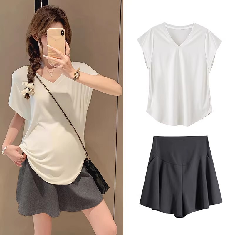 Maternity Set for Summer, Thin Style for Outerwear, Casual Wear for Petite Women during Pregnancy, Short-Sleeved Top and Skirt Pants, Two-Piece Pregnancy Outfit Maternity Set for Summer, Thin Style for Outerwear, Casual Wear for Petite Women during Pregnancy, Short-Sleeved Top and Skirt Pants, Two-Piece Pregnancy Outfit