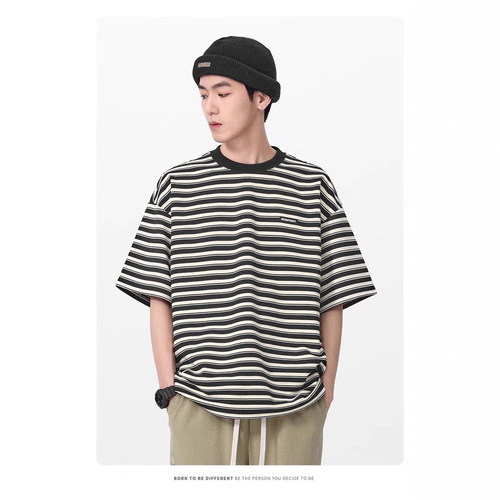 Striped Colorblock Short-Sleeve T-Shirt for Men - Summer Trendy Brand, Loose Retro Round Neck Half-Sleeve Couple's Top