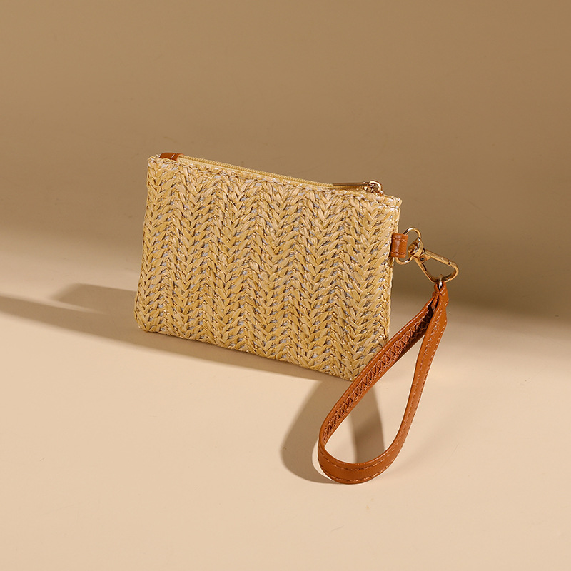 Mini monedero tejido de paja de color sólido transfronterizo, billetera corta de muñeca para mujer, bolso tejido de paja para mujer casual de verano, doble propósito