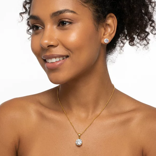 Cross-Border European and American Popular Round Colored Zircon Titanium Steel Set Versatile Exquisite Women's Clavicle Chain Earrings Versatile Wholesale