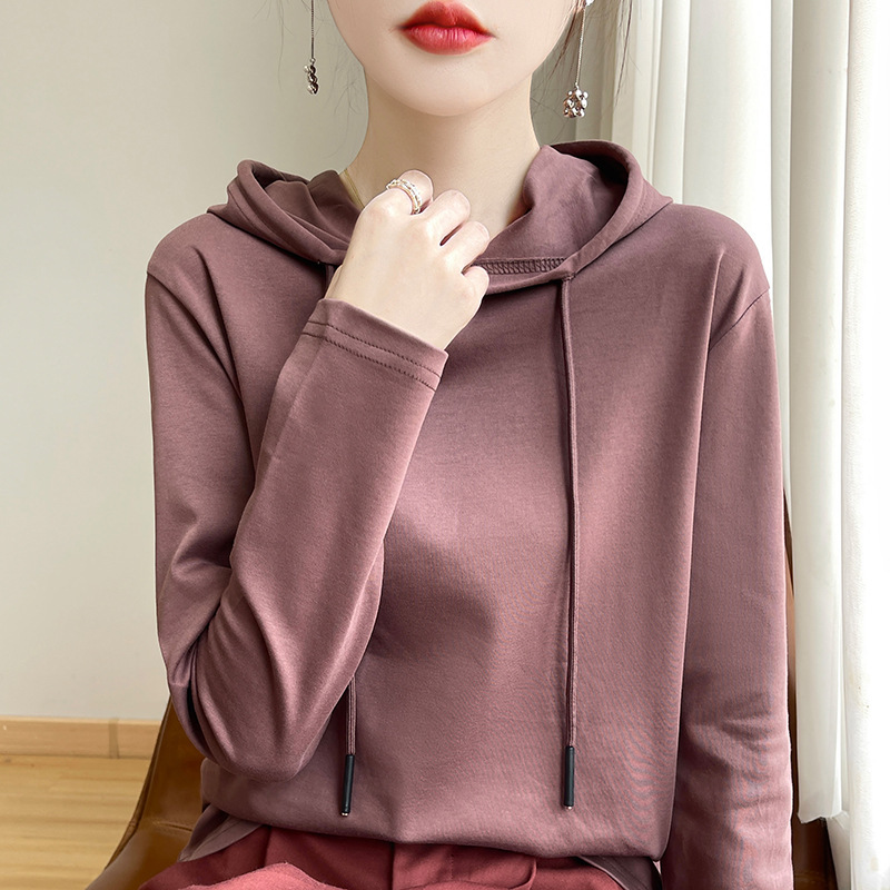 2026 New Style Mercerized Cotton Australian Cotton Long-Sleeve T-Shirt Casual Sweatshirt Age-Reducing Solid Color Top Autumn Loose Hooded Trendy