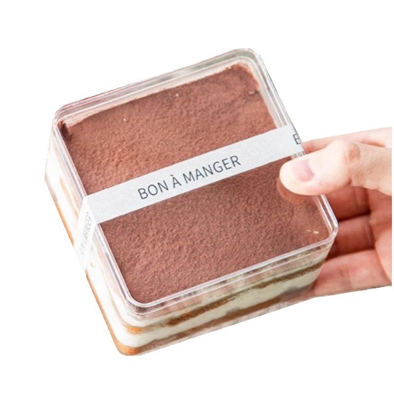 Caja de embalaje cuadrada de leche de soja Bran mousse caja de pastel merienda postre transparente PS galleta caja de tiramisú