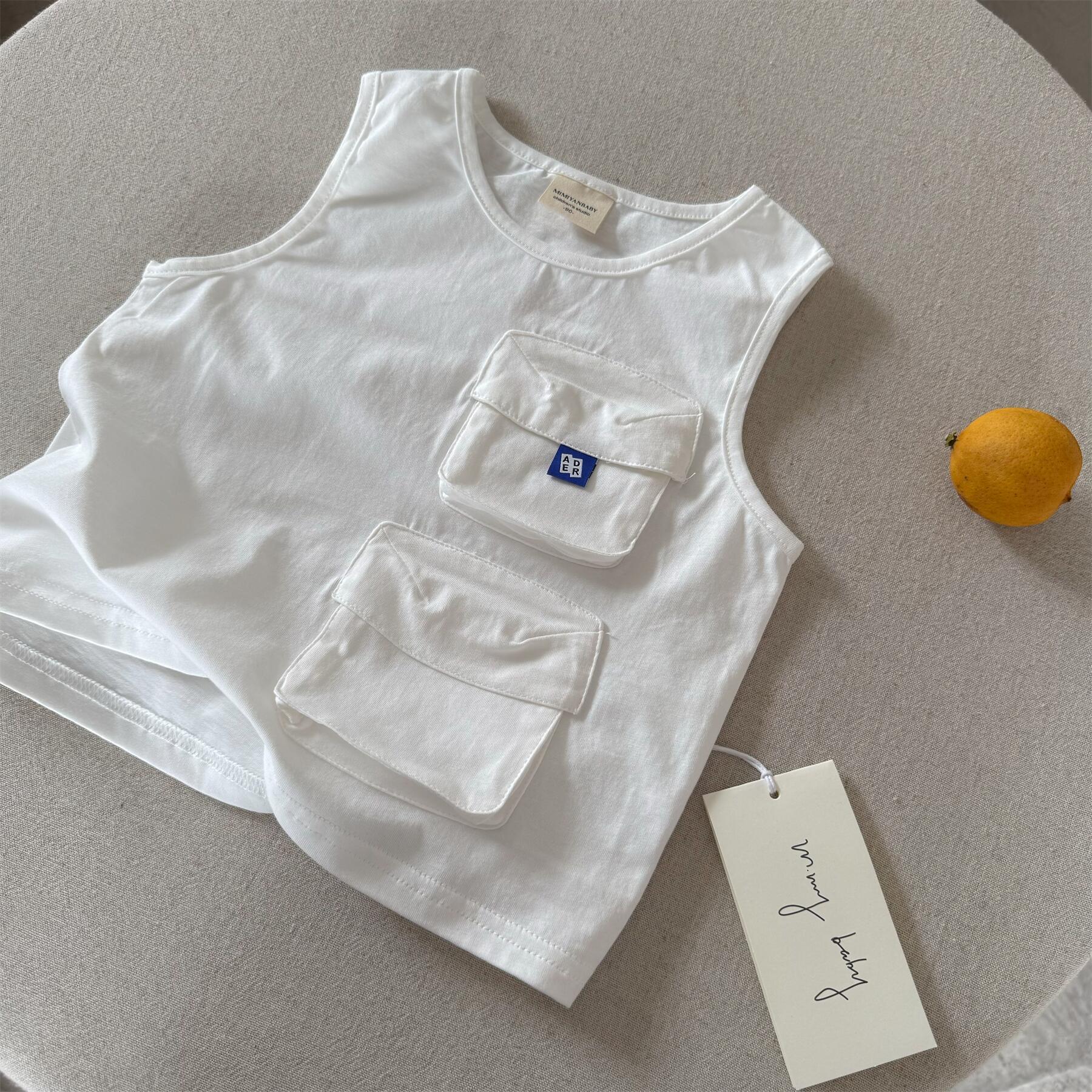 Chaleco de limón salado para siete niños 25 verano niños y niñas bolsillo japonés herramientas sin mangas T bebé para niños camiseta de algodón de estilo occidental