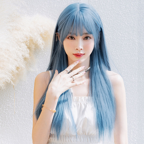 Wig female long straight hair cartoon white fish blue full headgear with bangs Internet celebrity natural simulation hair cover wholesale