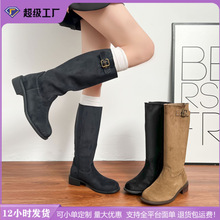 2025新款美拉德长筒靴皮带扣复古马丁靴粗跟中高筒增高女靴不过膝