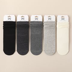 襪子女士秋季木耳邊堆堆襪簡約純色抽條中筒襪棉質無骨諸暨襪業
