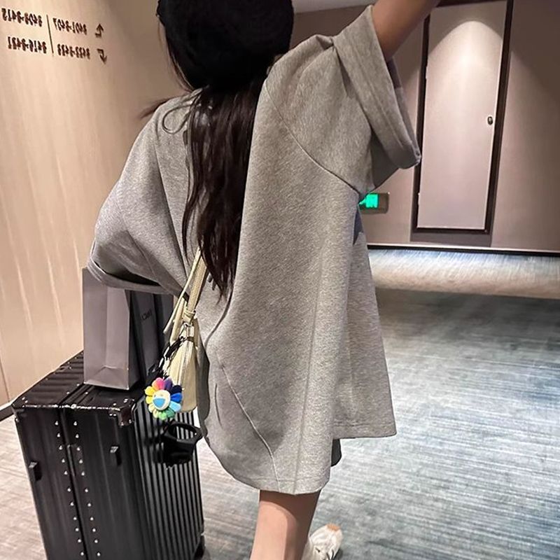 Gray tie-neck short-sleeve T-shirt for women, summer 2026 new style, casual and elegant, loose-fitting, mid-length top