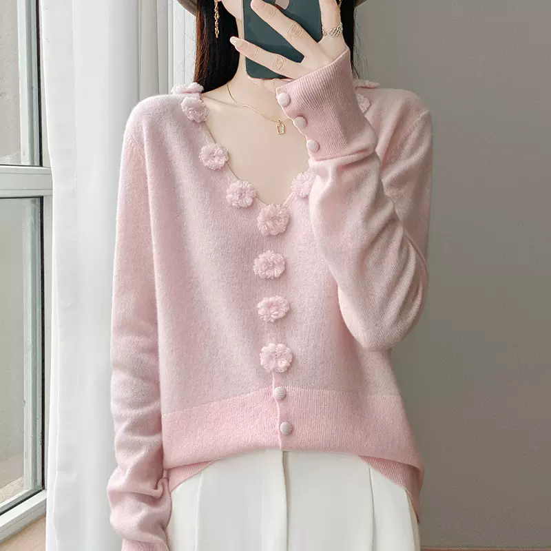 立体手工钩花100纯羊毛衫女V领长袖套头秋冬百搭毛衣休闲针织保暖