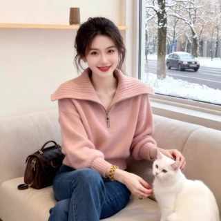 设计感半拉链大翻领软糯针织衫女秋冬宽松慵懒风粉色大码保暖毛衣