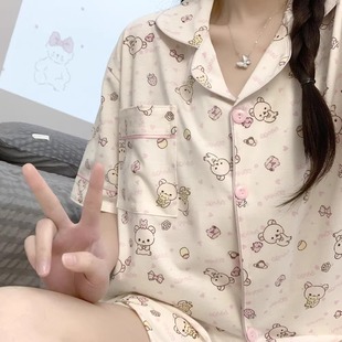Japanese Cartoon Rilakkuma 2025 New Pajamas for Women, Summer Knitted Cotton Short-Sleeved Plus Size Cute Home Wear