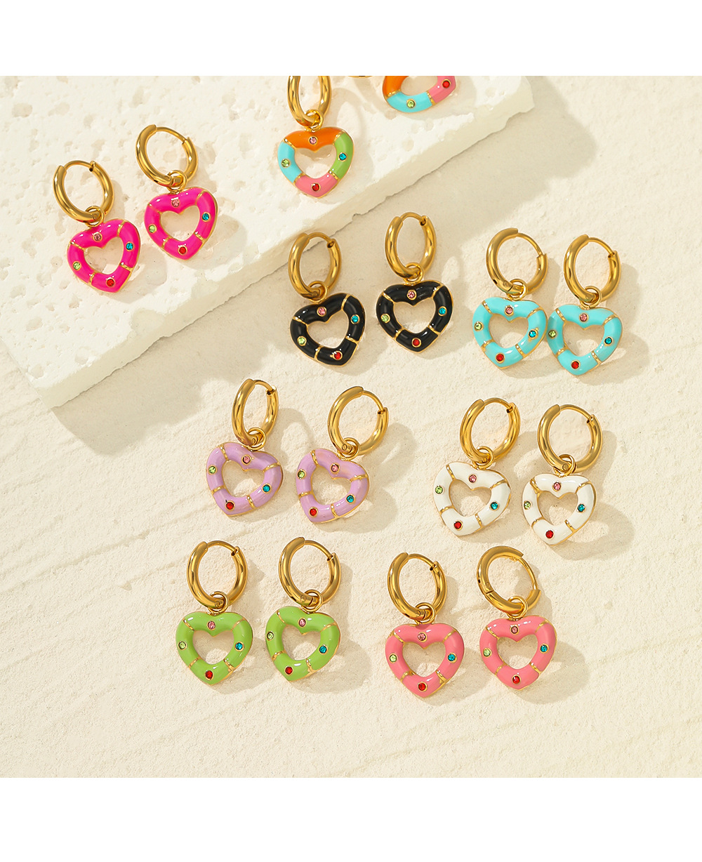 Cute Heart Shape Stainless Steel Stoving Varnish Artificial Gemstones Earrings 1 Pair