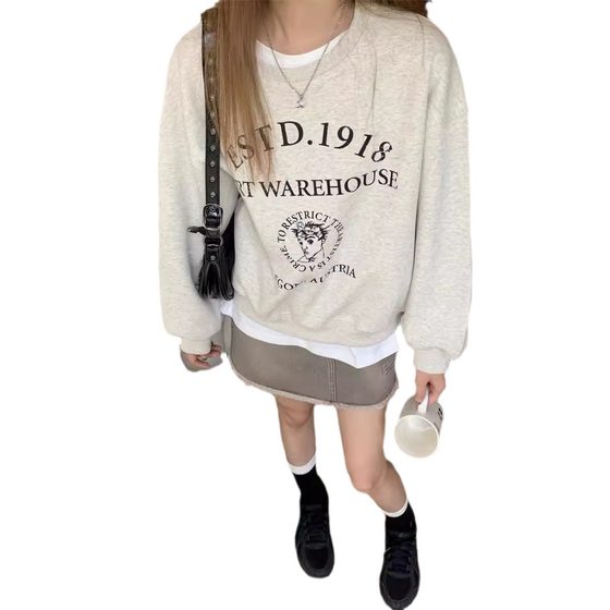 [Cross-border wholesale] American loose white gray printed crew neck new sweater women's milk lovely fleece-lined thick top