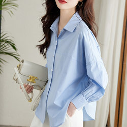 Blue lantern sleeve design sense shirt female long sleeves 2022 autumn dress loose casual top fashion unique shirt