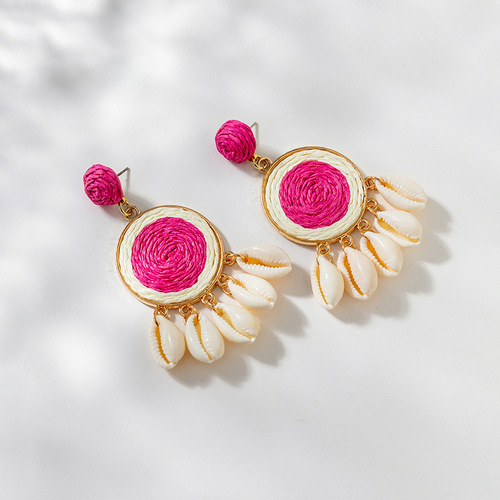 Travel and vacation style exaggerated shell earrings for women ins niche European and American colorful raffia braided earrings jewelry trend