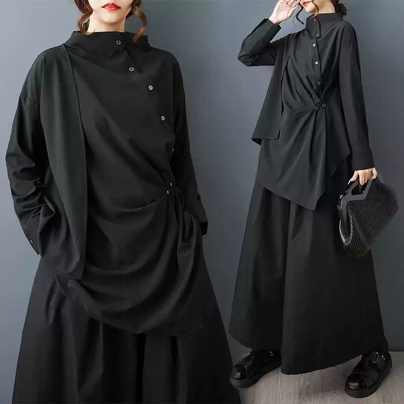 Autumn asymmetrical shirt, plus size, high collar