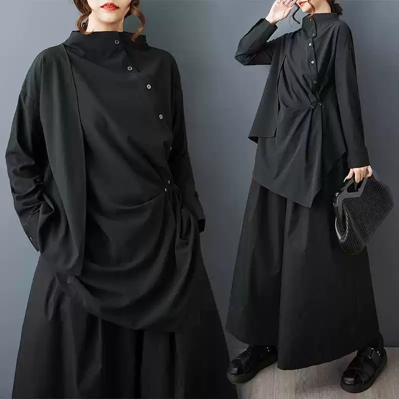 Autumn asymmetrical shirt, plus size, high collar