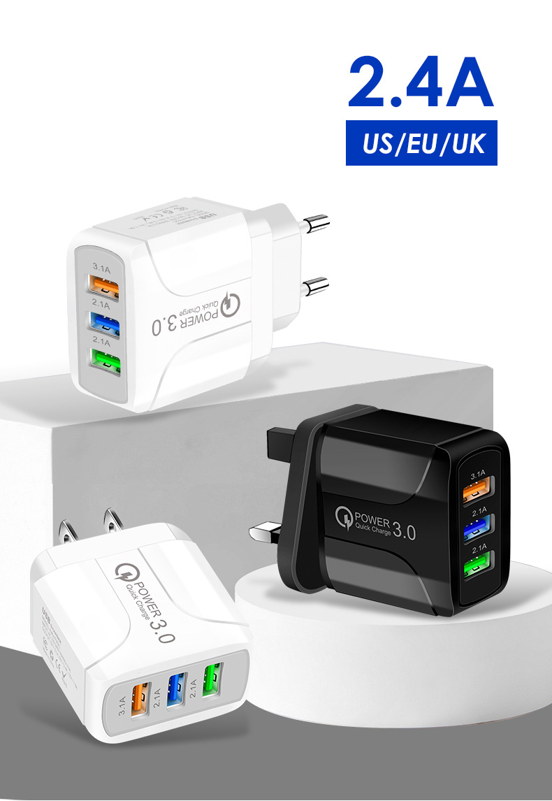 Cargador de teléfono móvil 2,4 A, carga rápida, carga directa, adaptador de corriente de múltiples puertos USB_voghion.com