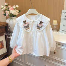 女孩新款纯棉女童衬衫衬衣春秋长袖立体兔子娃娃领花边洋气公主衫
