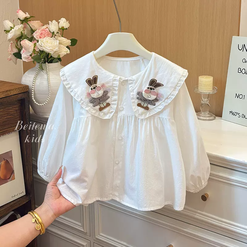 女孩新款纯棉女童衬衫衬衣春秋长袖立体兔子娃娃领花边洋气公主衫