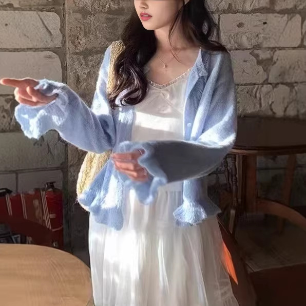 잉어 외 한계 여성 봄 꽈배기 니트 가디건 루즈핏 프릴 단색 긴팔 스웨터 아
