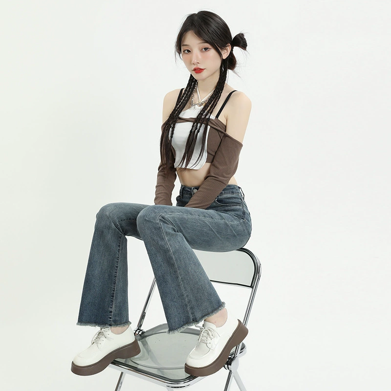 Ностальгические синие джинсы с завышенной талией, женские эластичные повседневные подходящие ко всему высокие узкие брюки-подковы