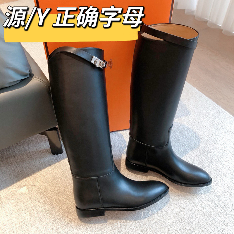 H Brand Lock Buckle Knight Boots European and American Style Chimney Boots Y Version Lock Buckle Genuine Leather Angled Long Boots British Style Over-The-Knee Knight Boots