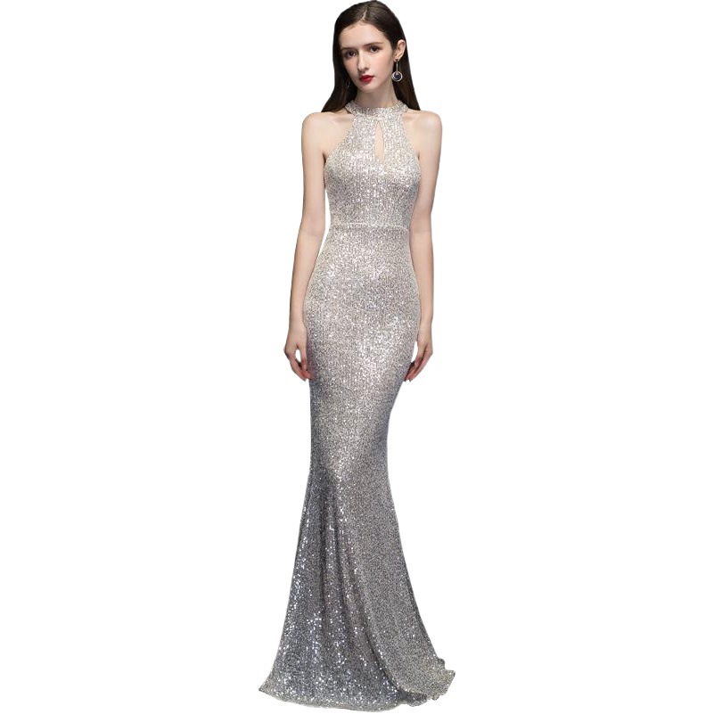 Vestido de noche con cuello halter y lentejuelas, nuevo diseño hueco 2026, elegante modelo ajustado, vestido de cola de pez estilo pasarela image 1