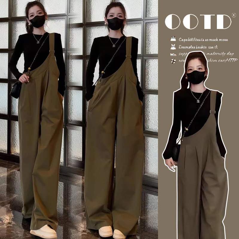 In Stock Autumn and Winter New Loose Wide-Leg Maternity Overalls Jumpsuit Long-Sleeve T-Shirt Casual Maternity Two-Piece Set