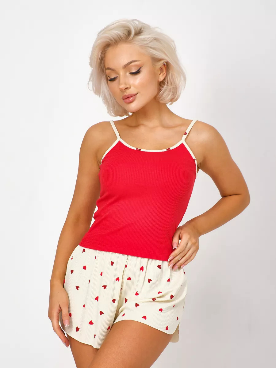 ChicShe Pyjama mit europäischem und amerikanischem Cross-Border-Print, Kurzarm-Shorts mit Herzchen-Trägern, schlicht, lässig, süß, gerippt_voghion.com