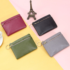 Simple new top-layer leather Western-style women's zippered genuine leather coin purse with a genuine leather keychain — compact mini design