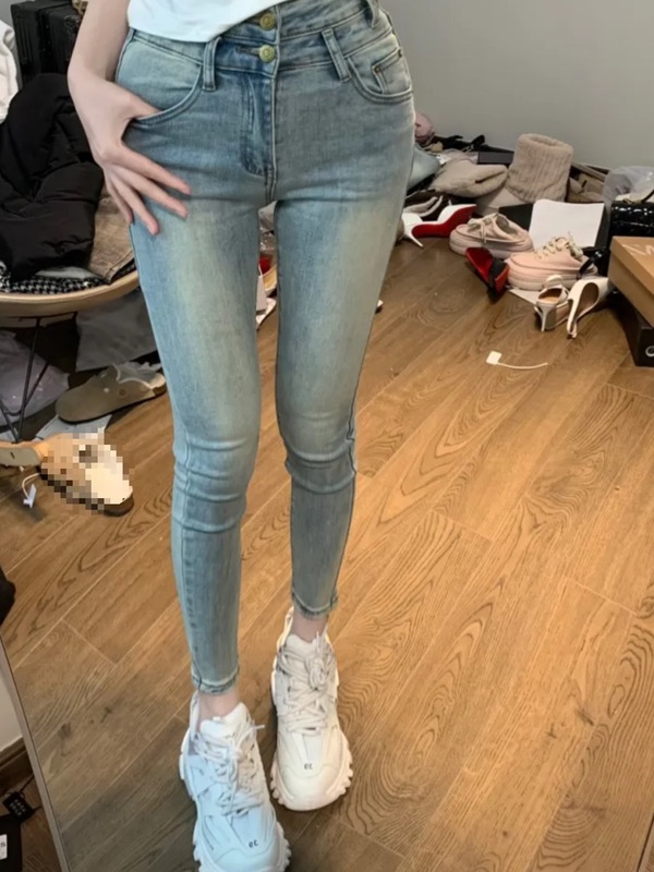 韩版复古水洗浅蓝色高腰小脚牛仔裤女百搭弹力修身显瘦铅笔九分裤|undefined