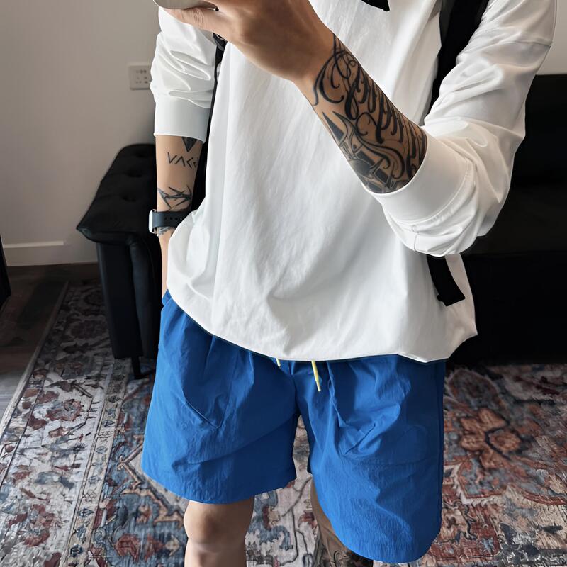 American-Style Dark Blue Nylon Quick-Dry Shorts for Men, Lightweight, Portable, Cool, Outdoor Beach Color-Block Drawstring Five-Point Shorts for Summer