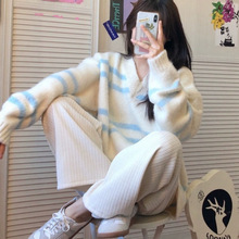 UNMUN马海毛软糯V领毛衣女秋冬2025新款慵懒宽松撞色外穿针织上衣